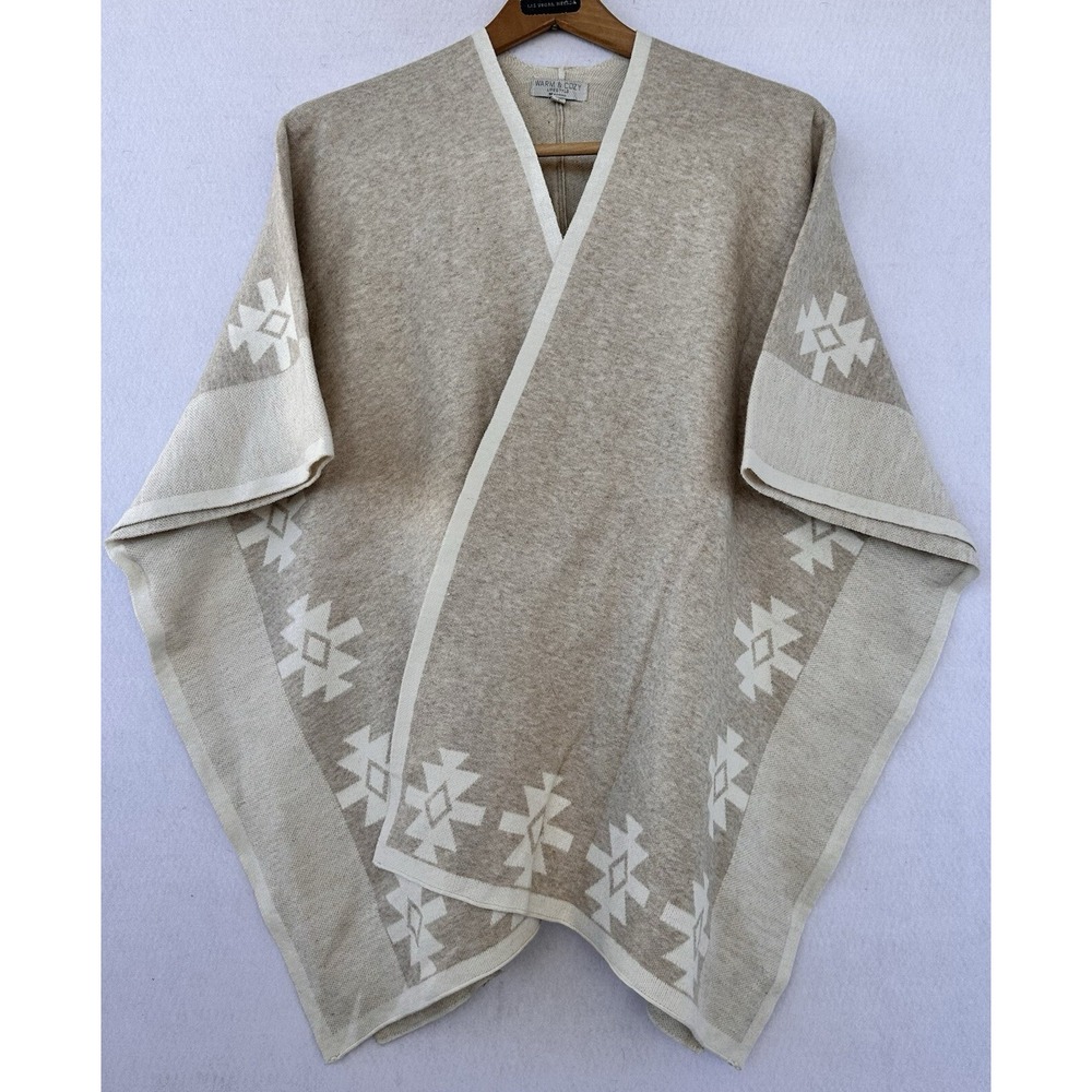 Soft Aztec Poncho Sweater Cape Women's M Ivory Old Money